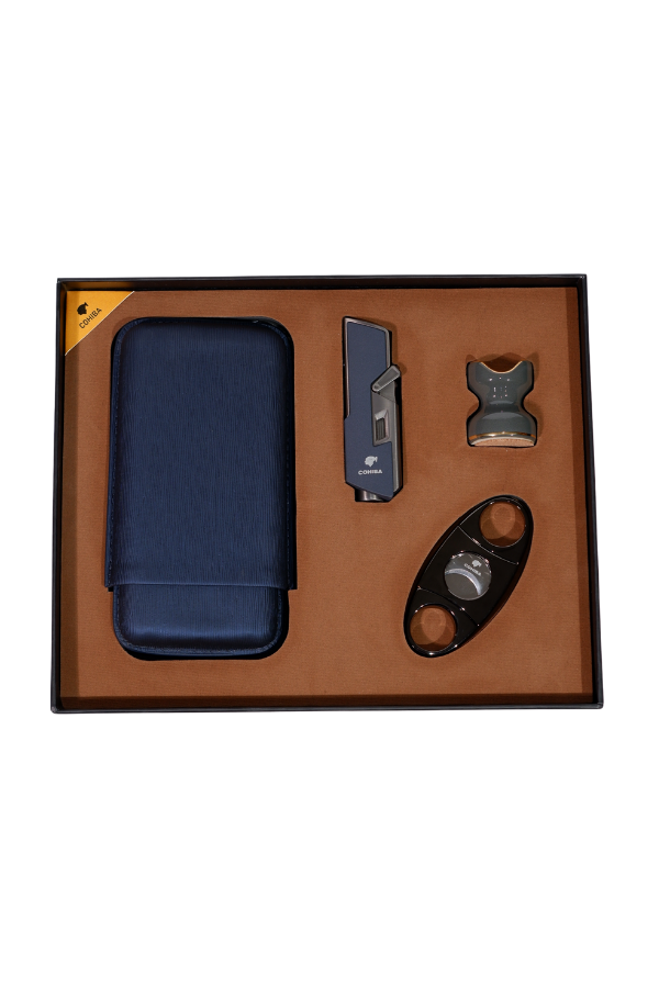 TR8800,Cohiba Çakmak Kesici Kılıf Sehpa Lacivert-Gunmetal Dörtlü Puro Seti