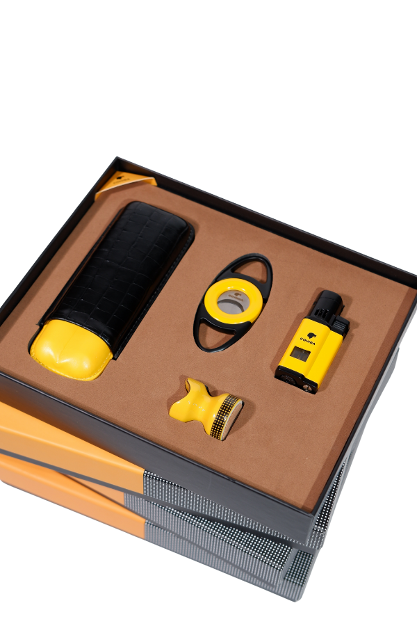 TR8802,Cohiba Çakmak Kesici Kılıf Sehpa Sarı-Siyah Dörtlü Puro Seti