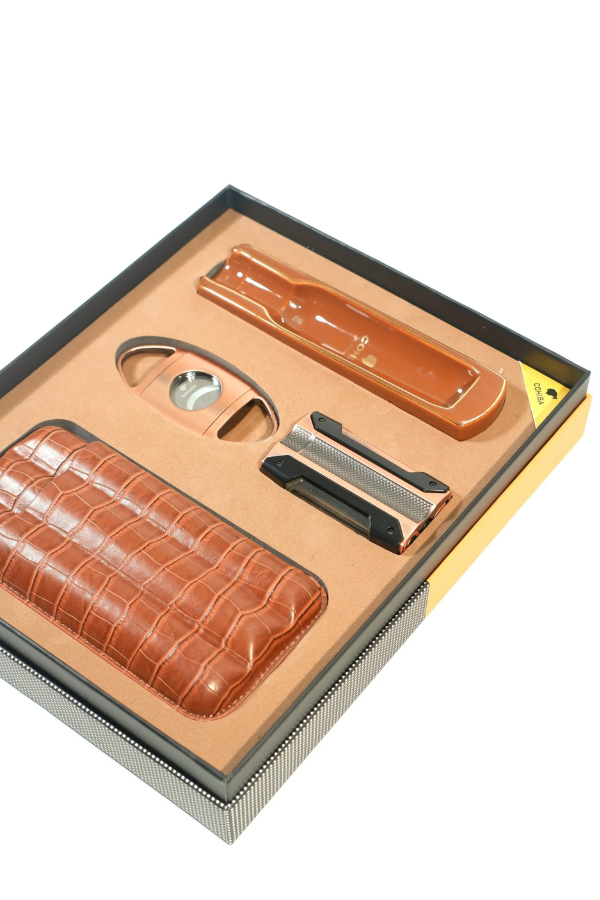 TR9858,Cohiba Tek Torch Çakmak Kesici Küllük Kılıf Kahverengi Dörtlü Puro Seti