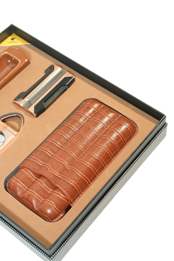 TR9858,Cohiba Tek Torch Çakmak Kesici Küllük Kılıf Kahverengi Dörtlü Puro Seti