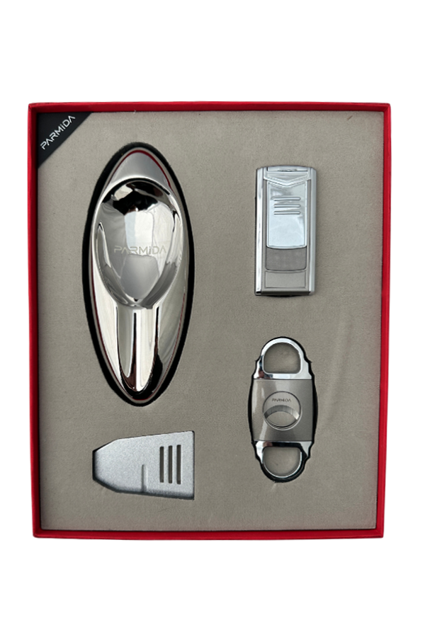 TR8342,Parmida Çakmak Küllük Kesici Sehpa Dörtlü Gümüş Puro Seti