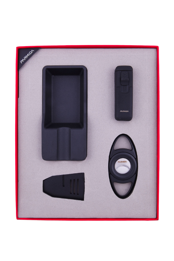 TR8331,Parmida Çakmak Kesici Sehpa Küllük Dörtlü Siyah Puro Seti