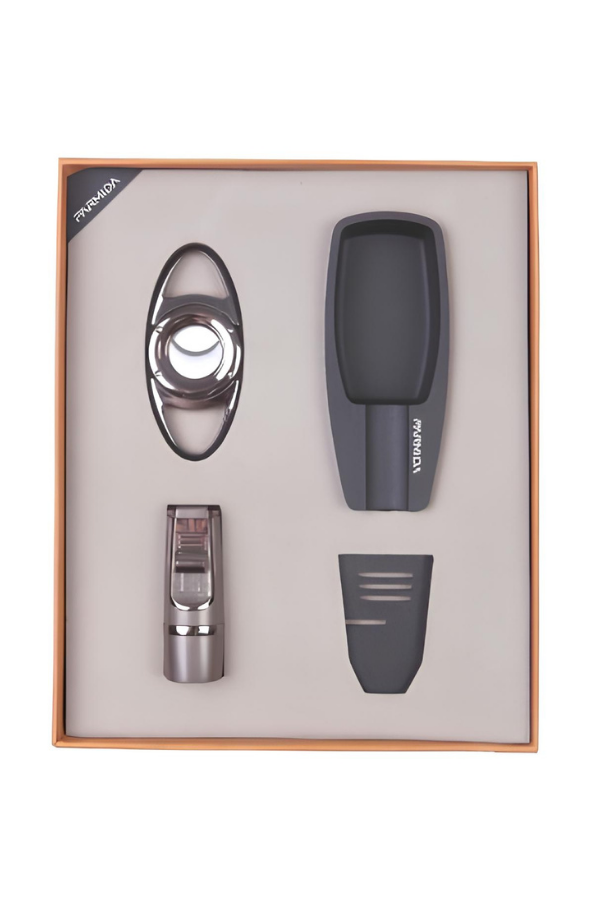 TR8330,Parmida Çakmak Kesici Küllük Sehpa Dörtlü Siyah-Gunmetal Puro Seti