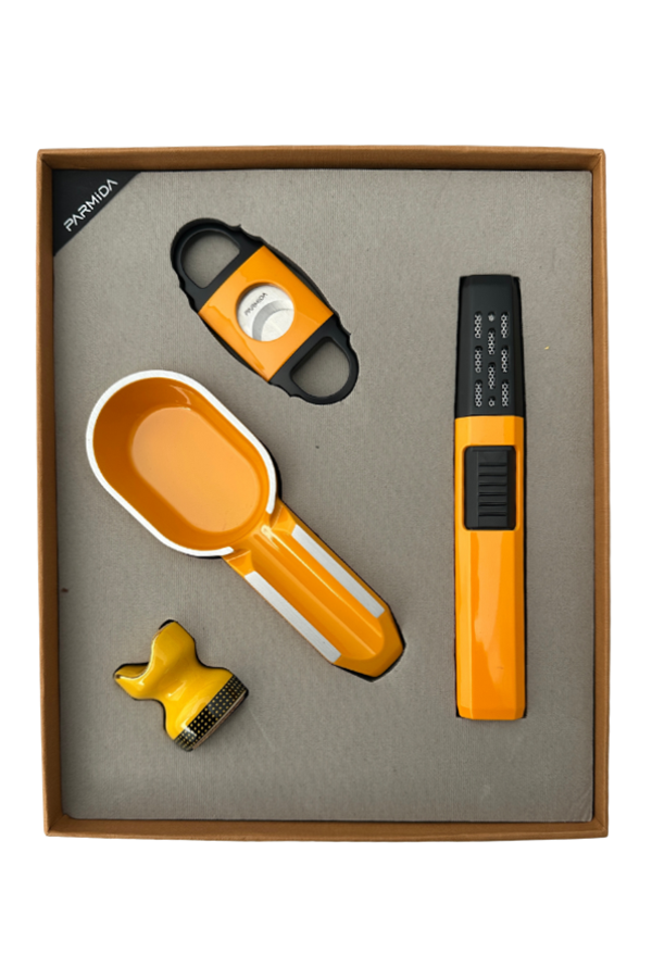 TR8328,Parmida Masa Tipi Çakmak Kesici Küllük Sehpa Turuncu-Siyah Dörtlü Puro Seti