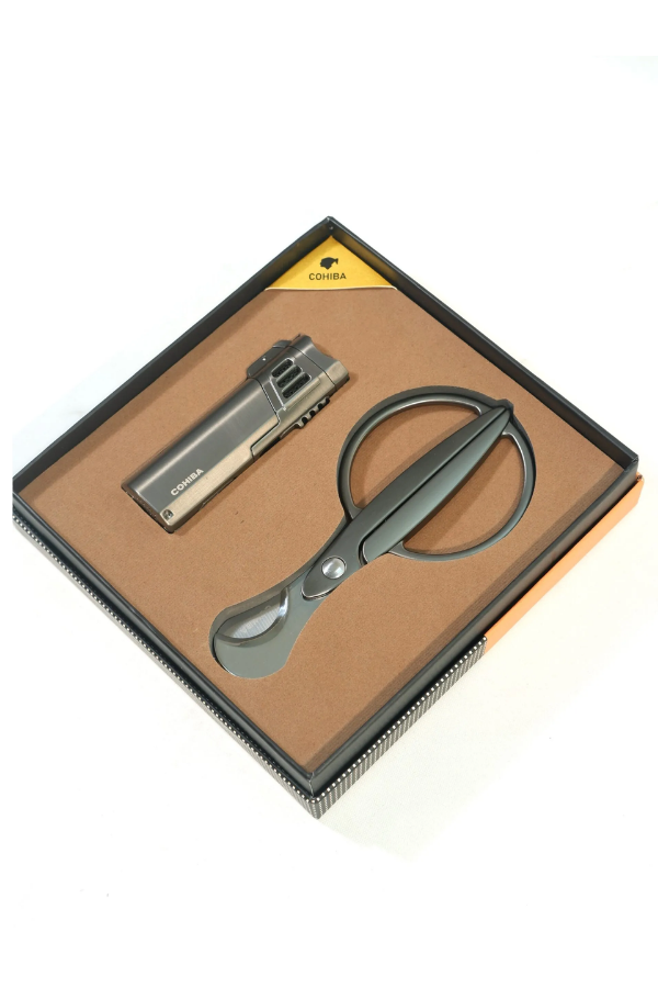 TR9842,Cohiba 4 Torch Gunmetal Çakmak Gunmetal Makas İkili Puro Seti