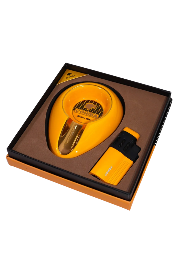 TR10028,Cohiba 4 Torch Pürmüz Sarı Çakmak Küllük İkili Puro Seti