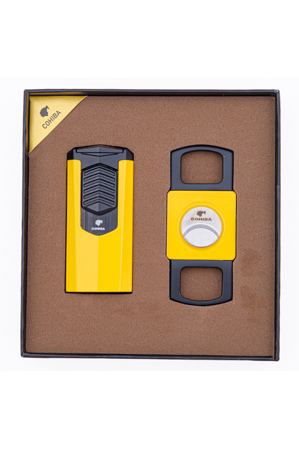 TR8395,Cohiba Çakmak Kesici İkili Sarı - Siyah Puro Seti