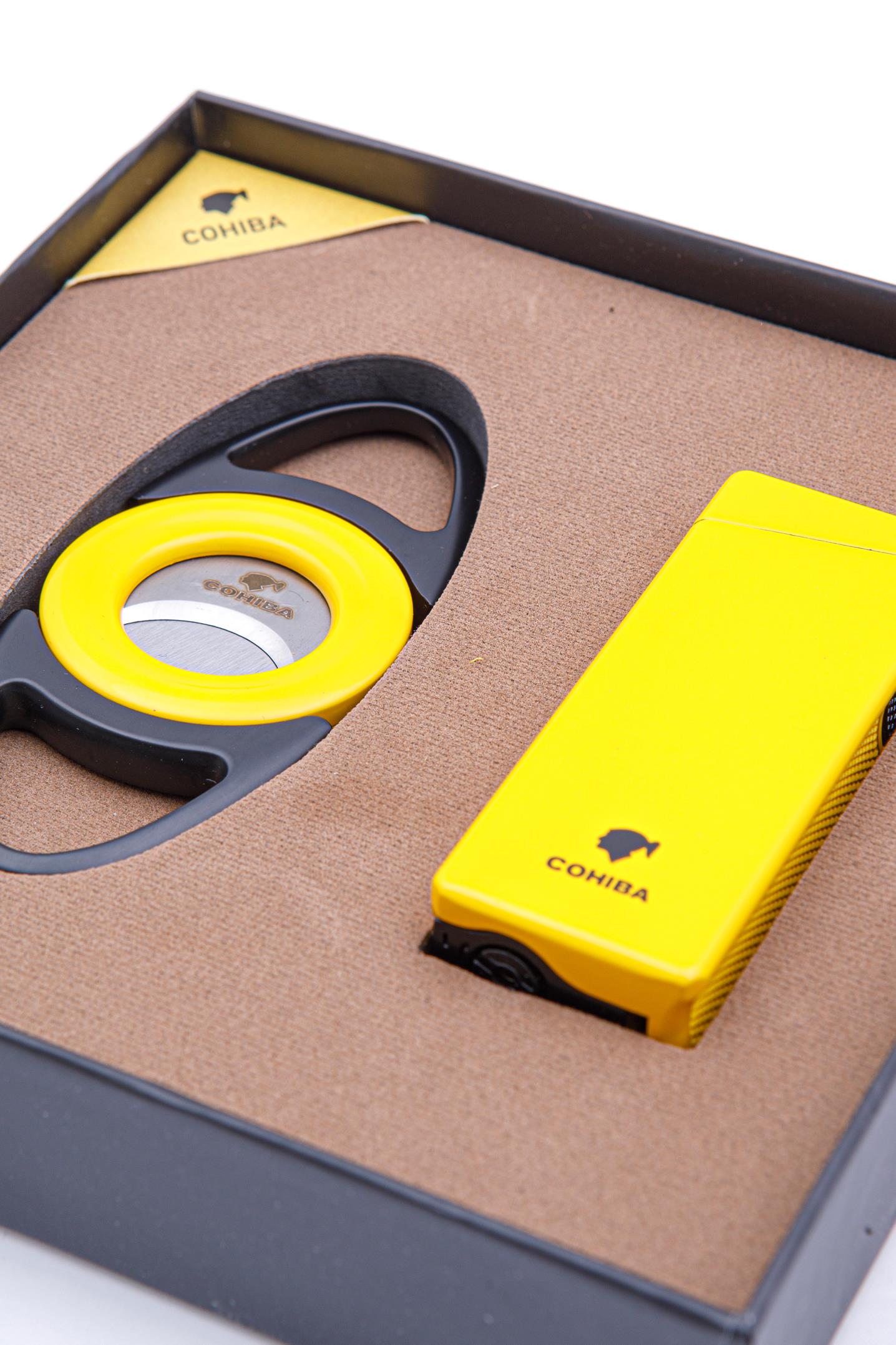 TR8379,Cohiba Çakmak Kesici İkili Sarı - Siyah Puro Seti