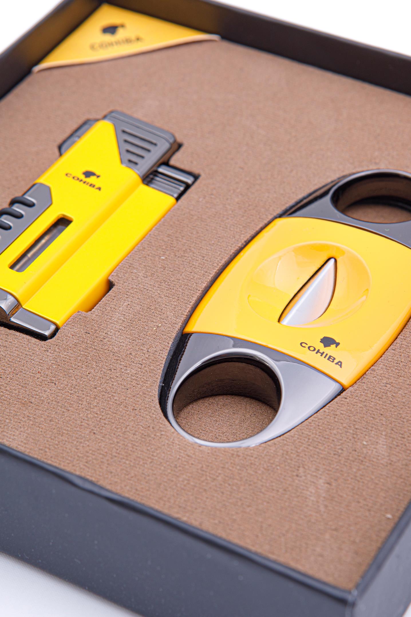 TR8381,Cohiba Çakmak Kesici İkili Sarı - Siyah Puro Seti