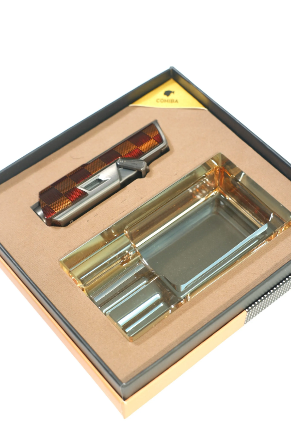 TR9831,Cohiba Tek Torch Dama Desenli Çakmak Kristal Tekli Küllük İkili Puro Seti