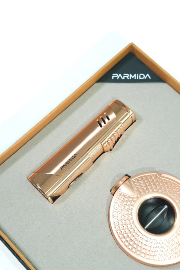 TR9851,Parmida 3 Torch Bronz Çakmak Bronz V Kesici İkili Puro Seti