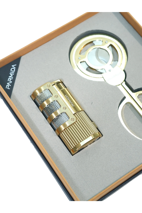 TR9856,Parmida 3 Torch Gold Çakmak Gold Makas İkili Puro Seti