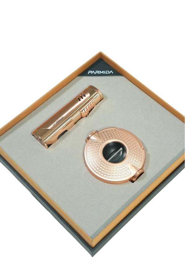 TR9851,Parmida 3 Torch Bronz Çakmak Bronz V Kesici İkili Puro Seti