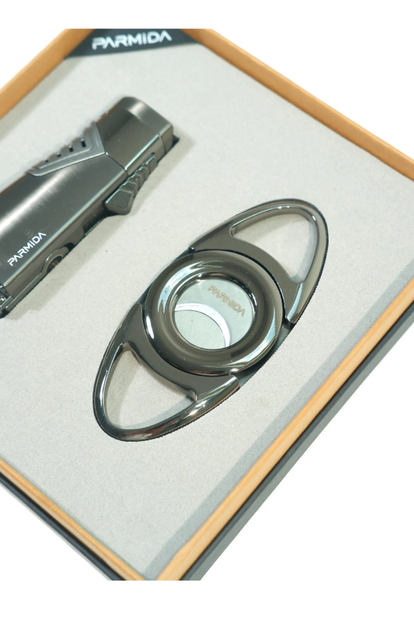 TR9855,Parmida 3 Torch Gunmetal Çakmak Gunmetal Kesici İkili Puro Seti