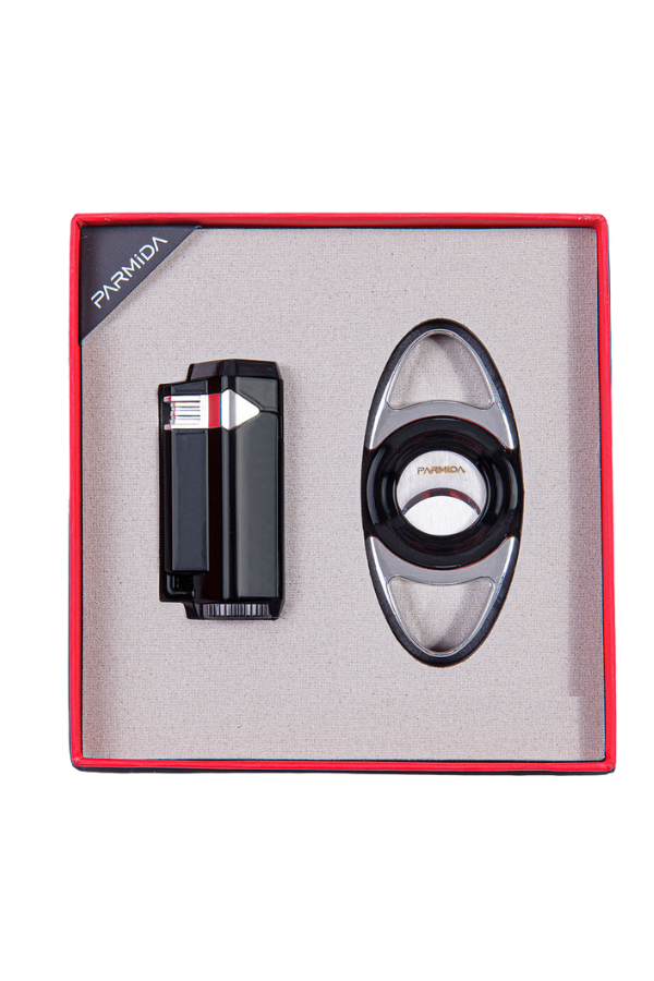 TR8314,Parmida Çakmak Kesici Siyah-Gümüş İkili Puro Seti