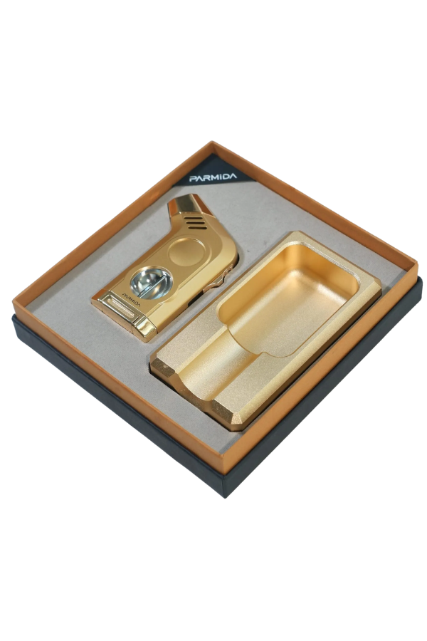 TR9850,Parmida Gold Tek Torch Masa Tipi Çakmak Tekli Gold Küllük İkili Puro Seti