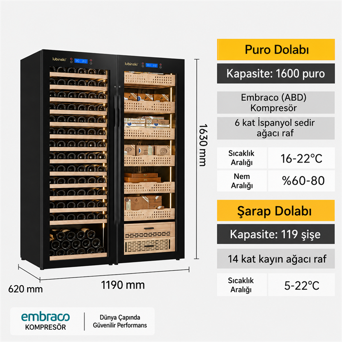 LB-042,Lubinski Siyah Çift Kabin Elektronik Puro Dolabı - Şarap Dolabı CW1600