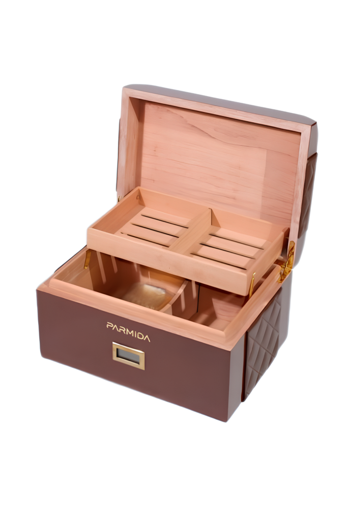 TR8827,Parmida Kahverengi Deri Şeritli Çekmeceli  Sedir Humidor Puro Kutusu