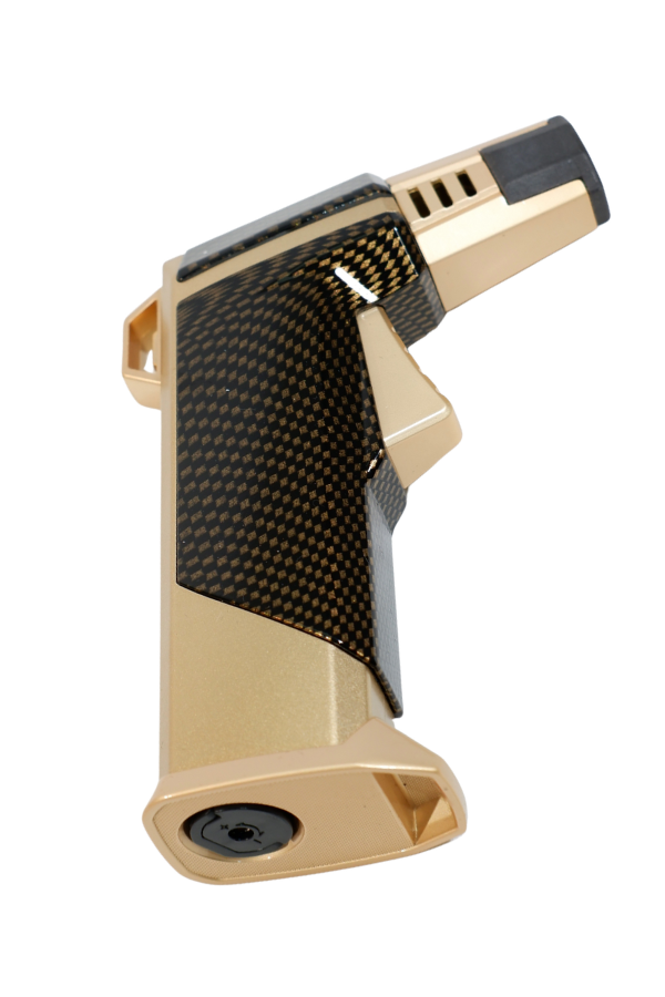 TR9238,Parmida Tek Torch Pürmüz Karbon Desenli Gold Masa Tipi Metal Puro Çakmağı