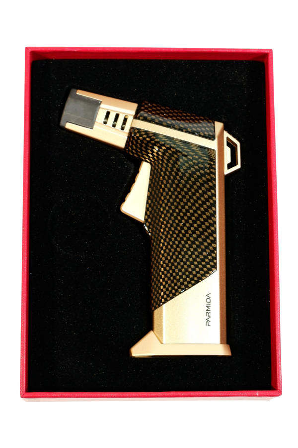 TR9238,Parmida Tek Torch Pürmüz Karbon Desenli Gold Masa Tipi Metal Puro Çakmağı