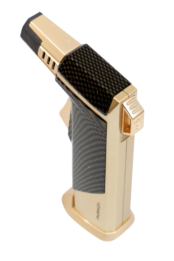 TR9238,Parmida Tek Torch Pürmüz Karbon Desenli Gold Masa Tipi Metal Puro Çakmağı