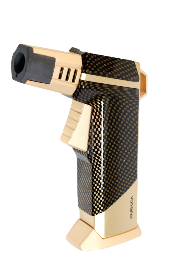 TR9238,Parmida Tek Torch Pürmüz Karbon Desenli Gold Masa Tipi Metal Puro Çakmağı