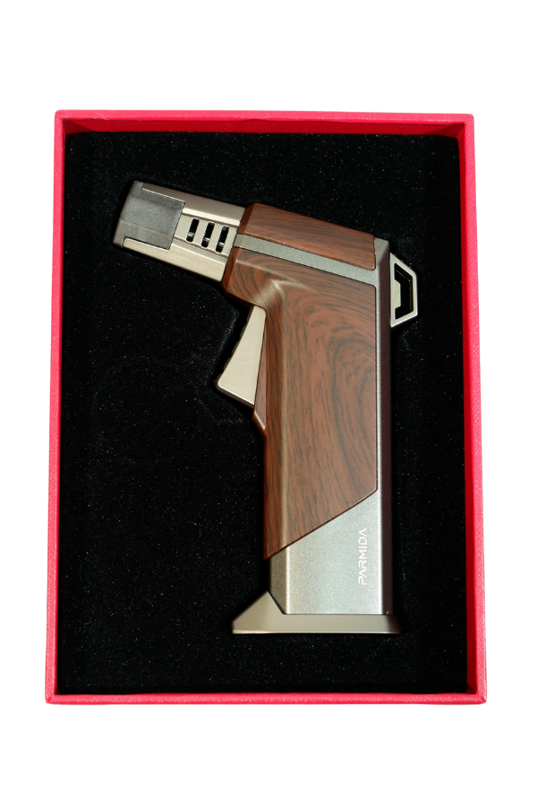 TR9237,Parmida Tek Torch Pürmüz Ahşap Desenli Gunmetal Masa Tipi Metal Puro Çakmağı