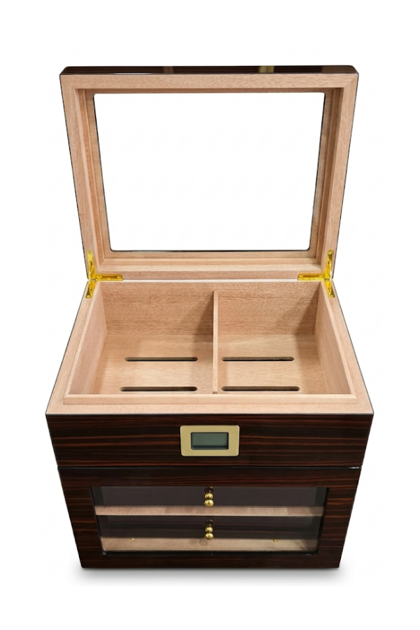 TR9825,PremiumQuality Vitacura 4 Çekmeceli İçi Ledli Kahverengi Sedir Humidor Puro Kutusu