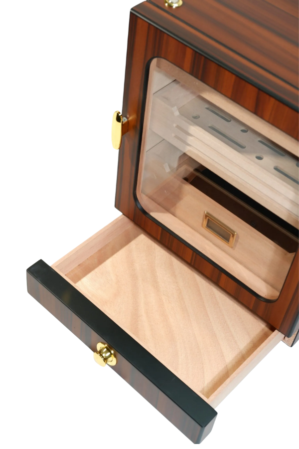 TR9826,PremiumQuality Las Condes Aksesuar Çekmeceli İçi Ledli Kahverengi Sedir Humidor Puro Kutusu