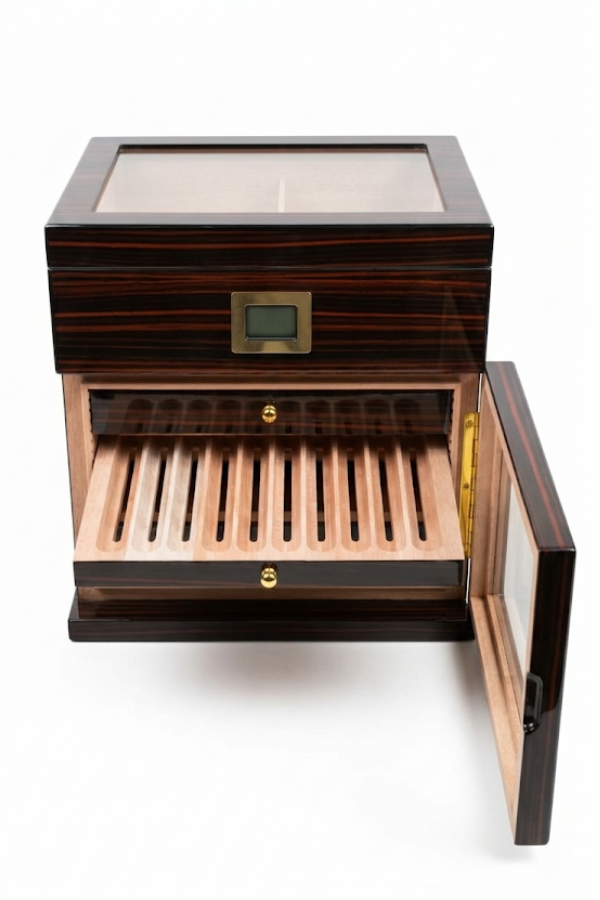 TR9825,PremiumQuality Vitacura 4 Çekmeceli İçi Ledli Kahverengi Sedir Humidor Puro Kutusu