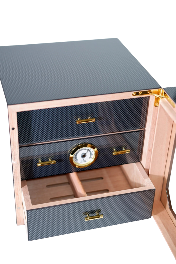 TR8792,PremiumQuality Teresina Siyah Karbon Desenli Sedir Humidor Puro Kutusu