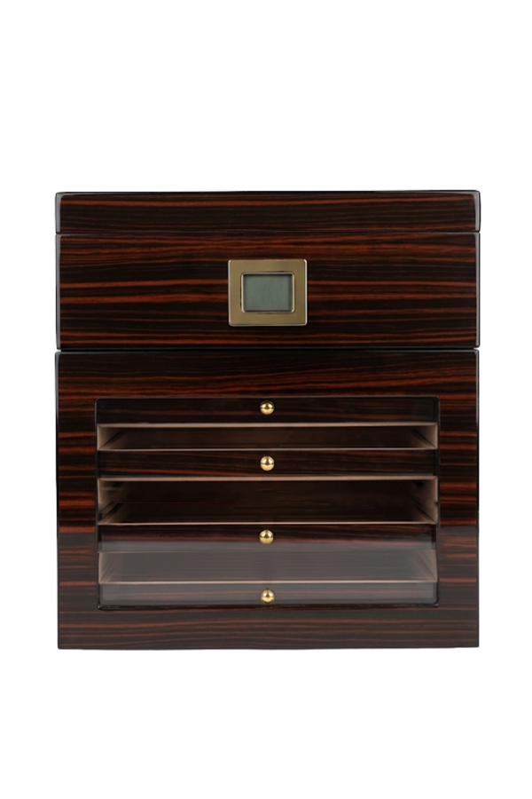 TR9825,PremiumQuality Vitacura 4 Çekmeceli İçi Ledli Kahverengi Sedir Humidor Puro Kutusu