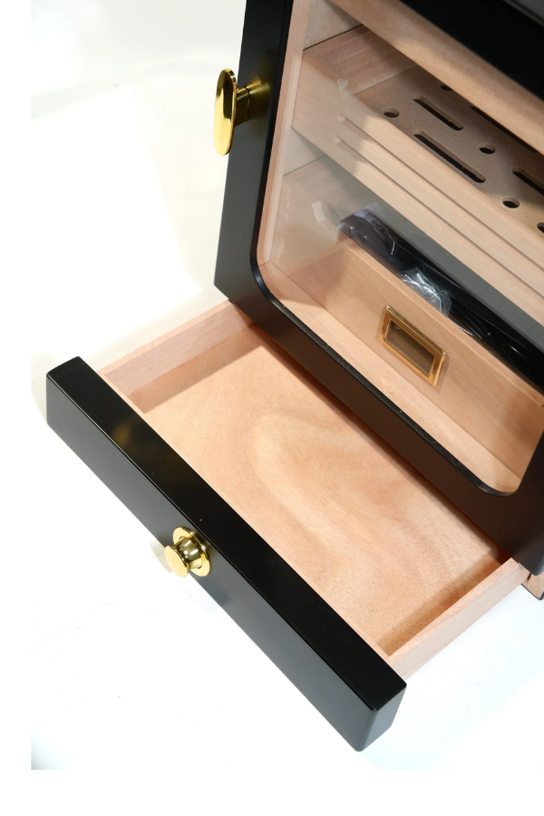TR9827,PremiumQuality Las Condes Aksesuar Çekmeceli İçi Ledli Siyah Sedir Humidor Puro Kutusu