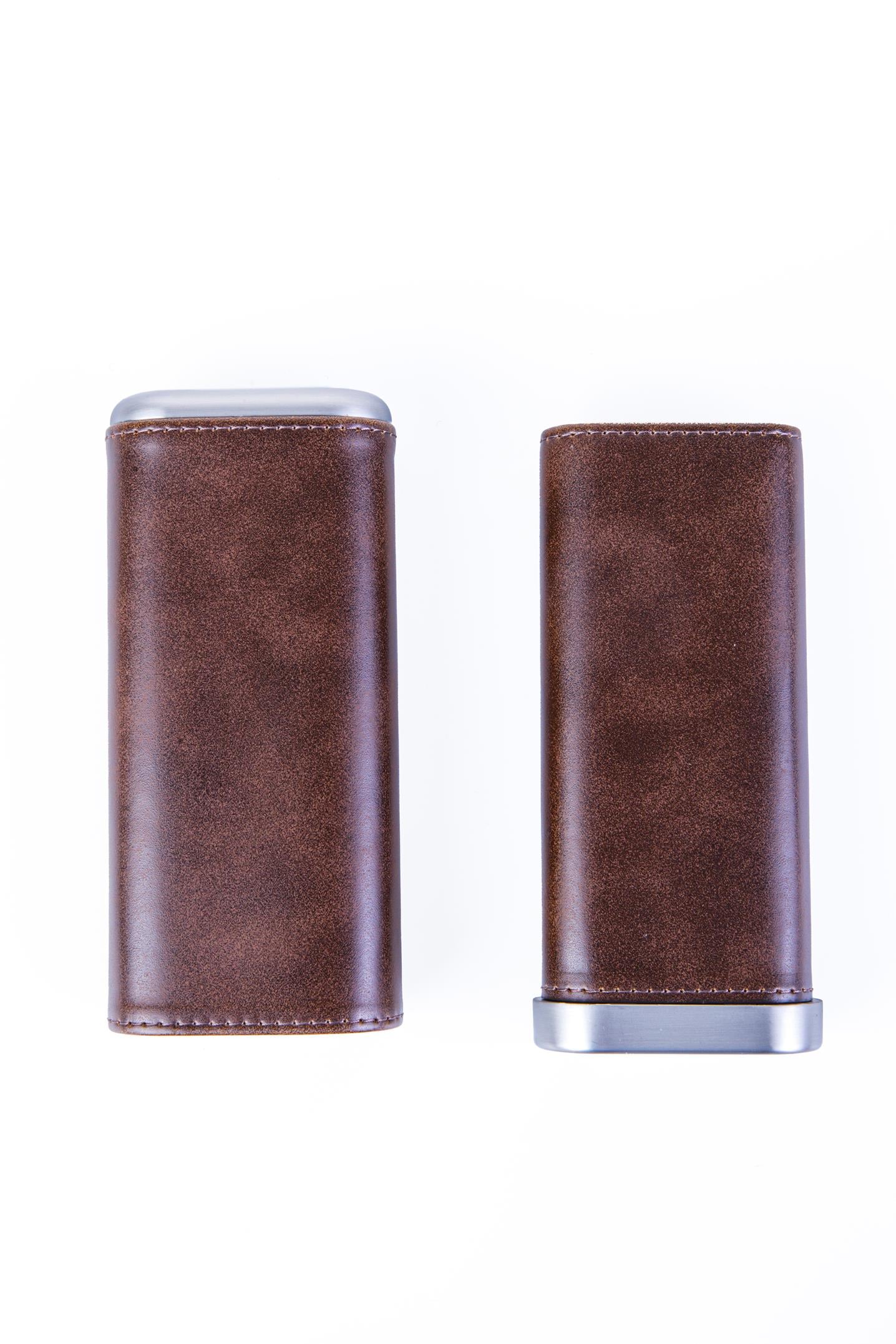 TR8193,Cohiba Koyu Kahverengi - Gümüş Üçlü Deri Puro Kılıfı