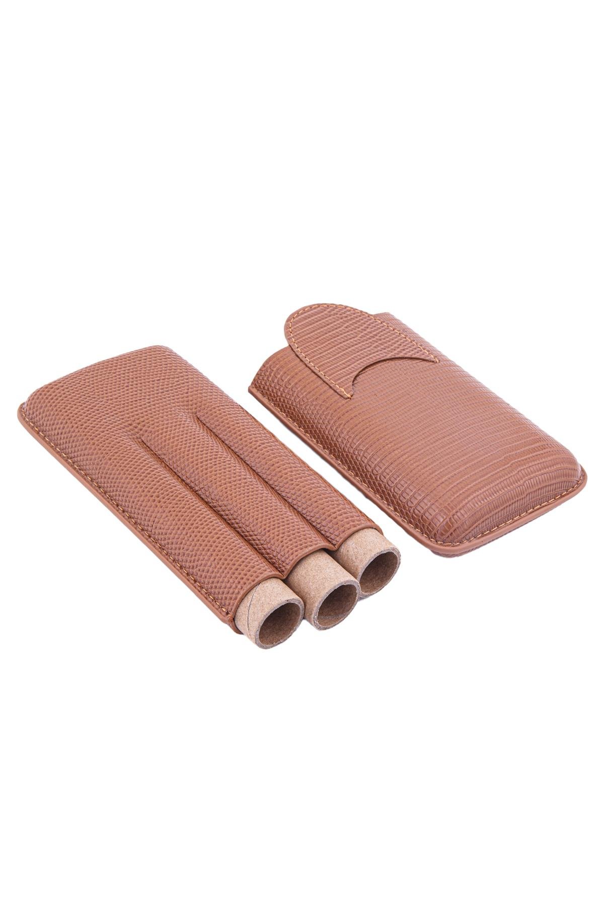 TR6062,PQ Kahverengi Deri Üçlü Puro Kılıfı