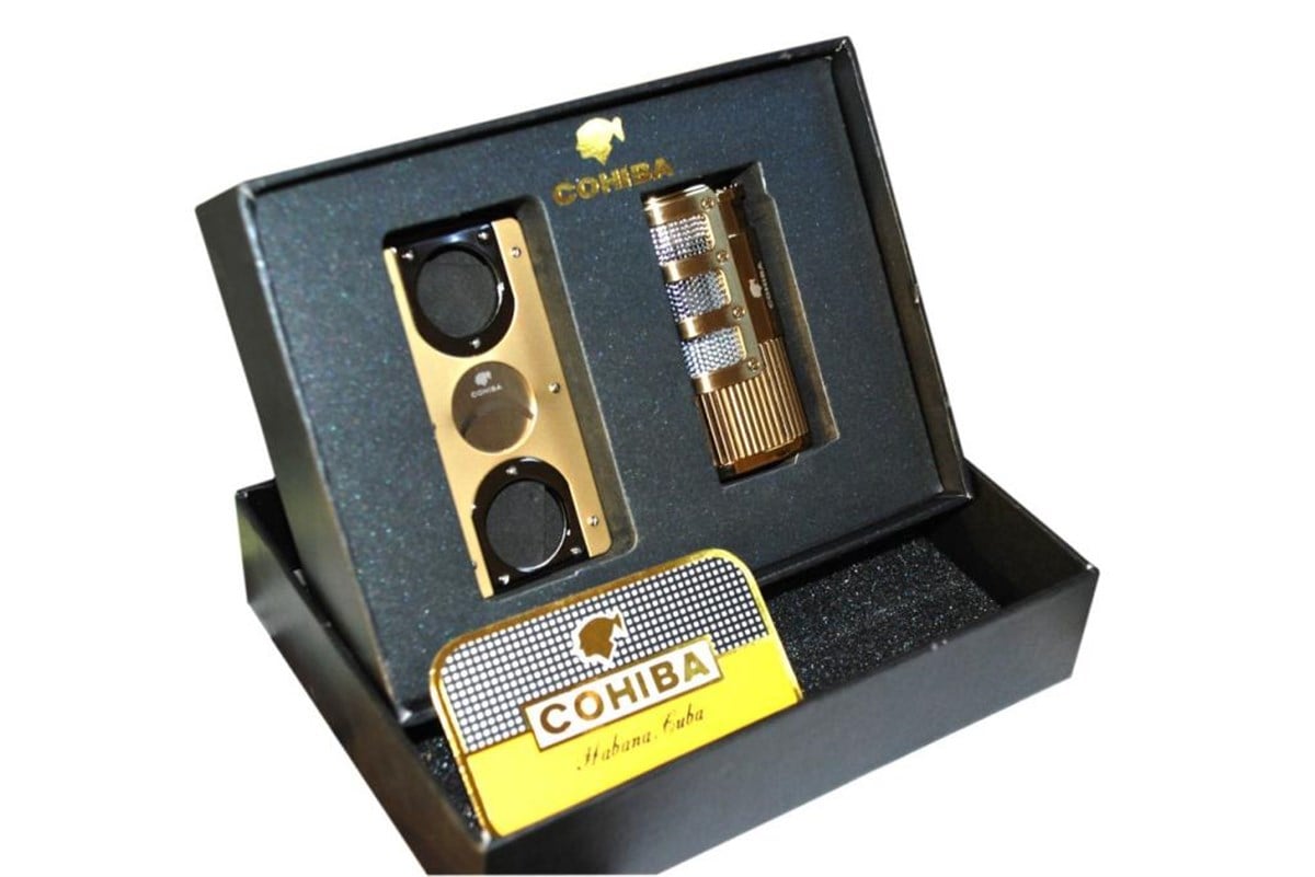 TR861,Cohiba 3 Torch Altın Çakmak ve Kesici Set