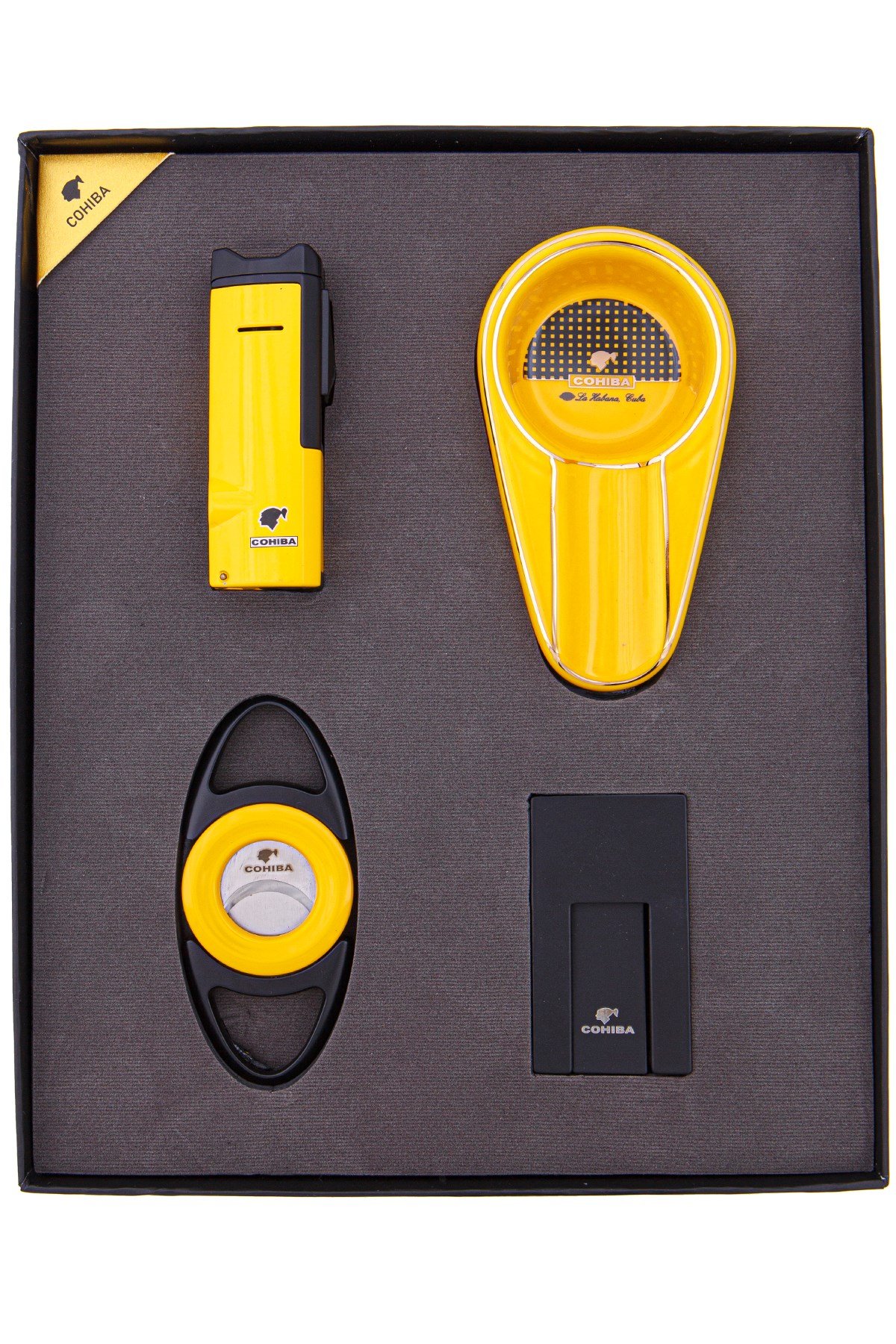 TR4805,Cohiba Çakmak Kesici Küllük Sehpa Dörtlü Sarı-Siyah Puro Seti