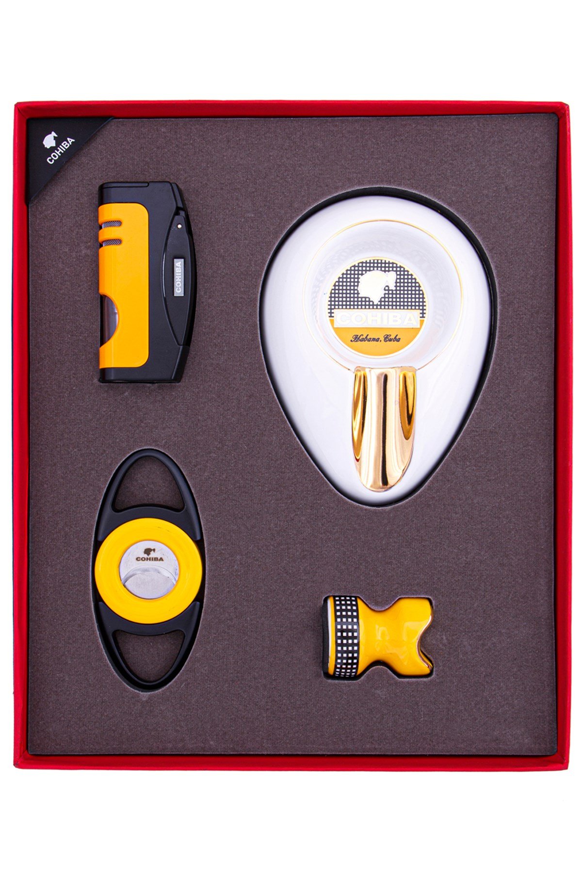 TR4808,Cohiba Çakmak Kesici Küllük Masa Dörtlü Sarı-Beyaz Puro Seti