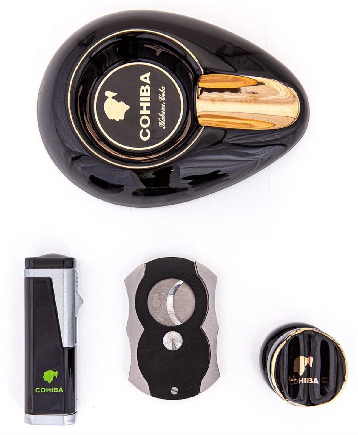 TR3086,Cohiba Çakmak Kesici Küllük Sehpa Siyah Dörtlü Puro Set