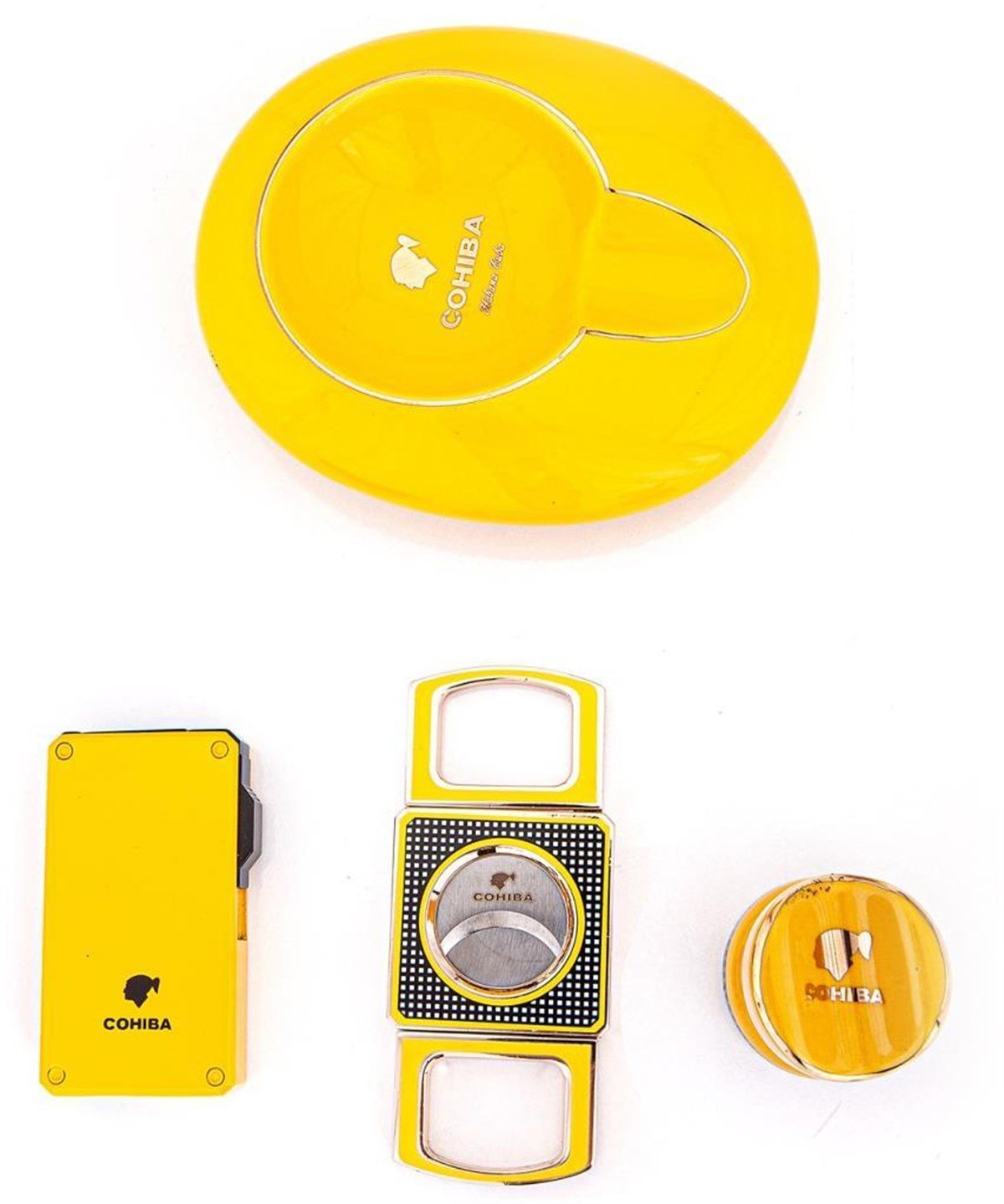 TR3081,Cohiba Çakmak Kesici Küllük Sehpa Dörtlü Sarı Puro Set
