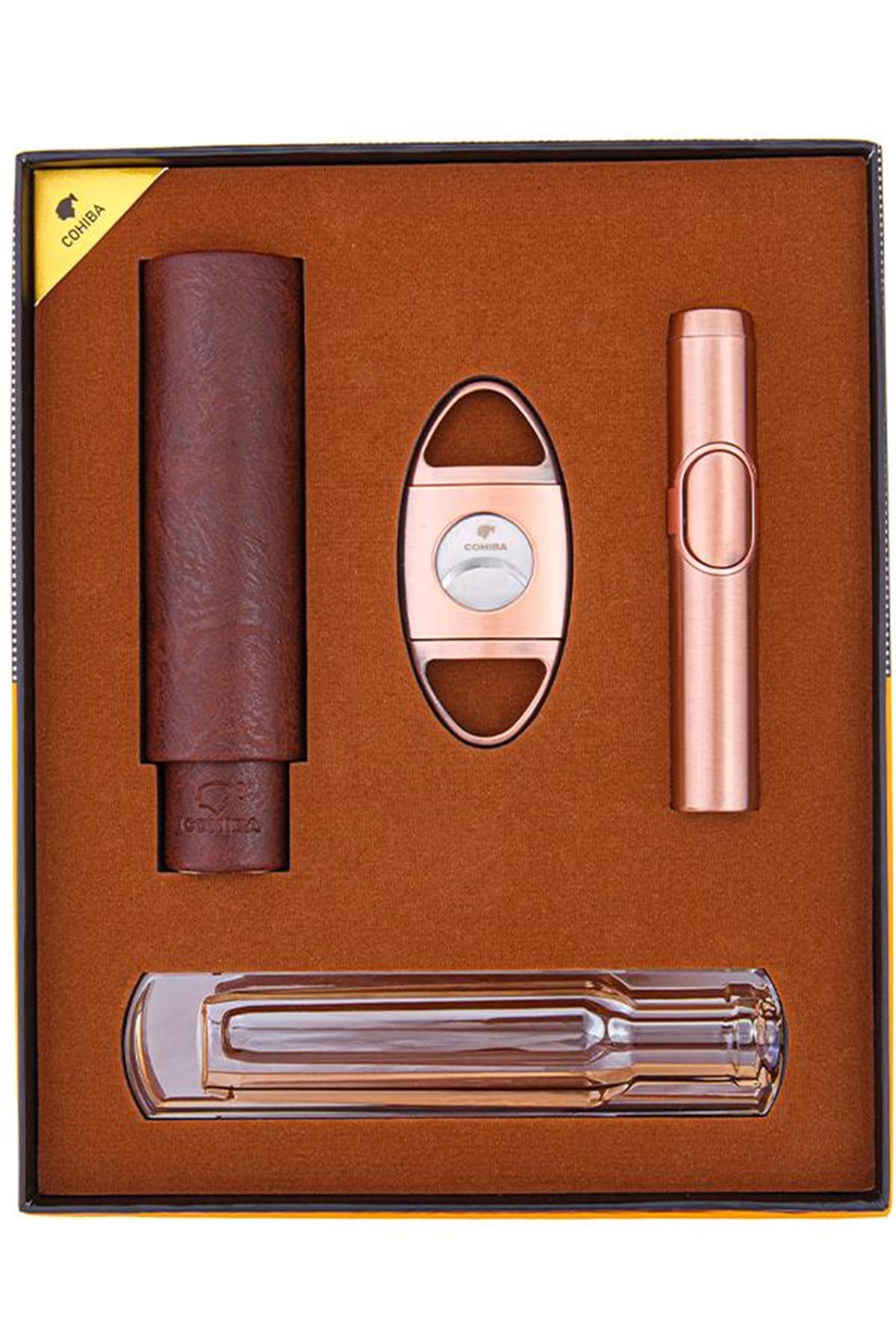 TR4863,Cohiba Çakmak Kılıf Küllük Kesici Dörtlü Bronz Puro Seti