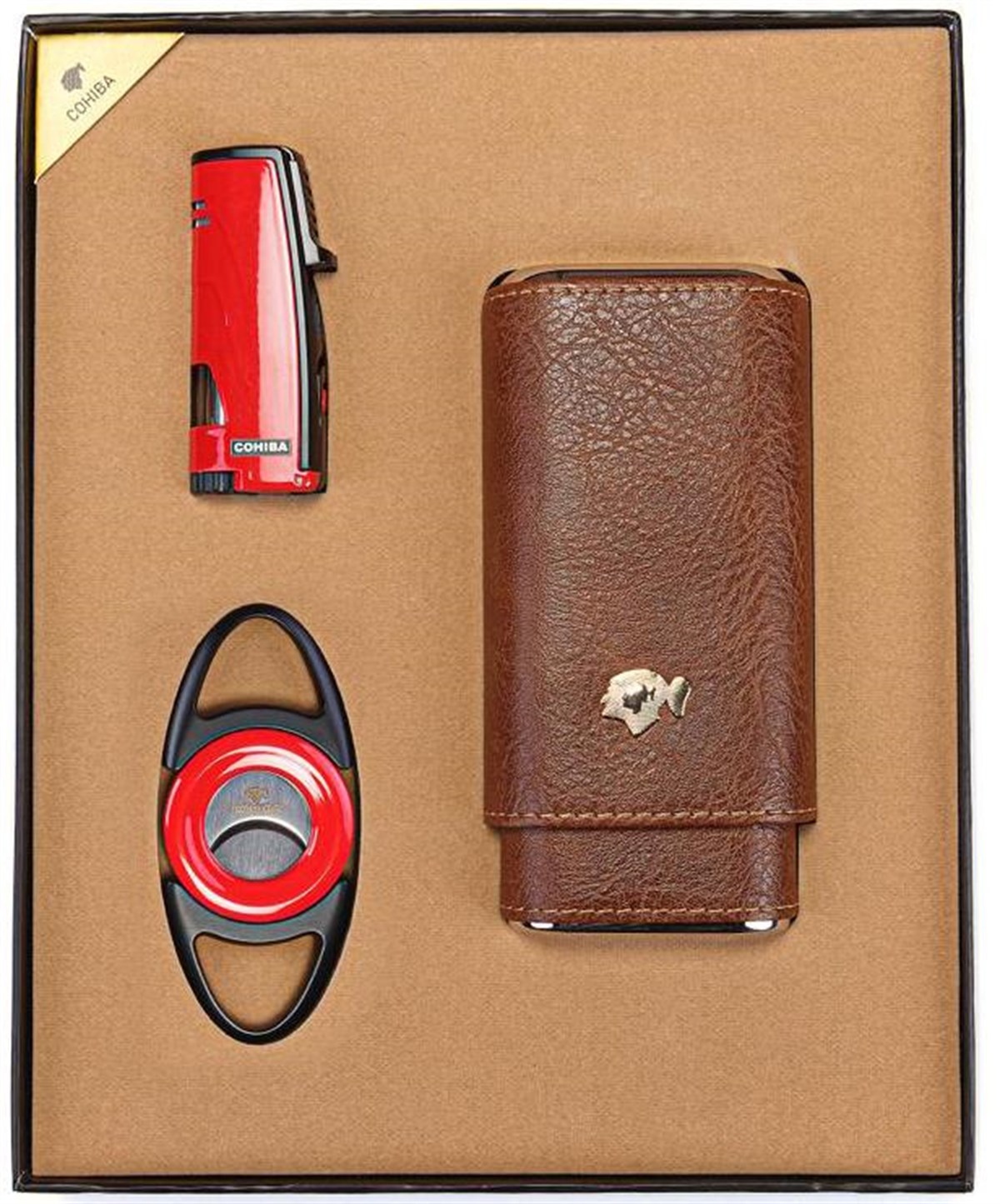 TR3542,Cohiba Çakmak Kılıf Kesici Kırmızı Puro Seti