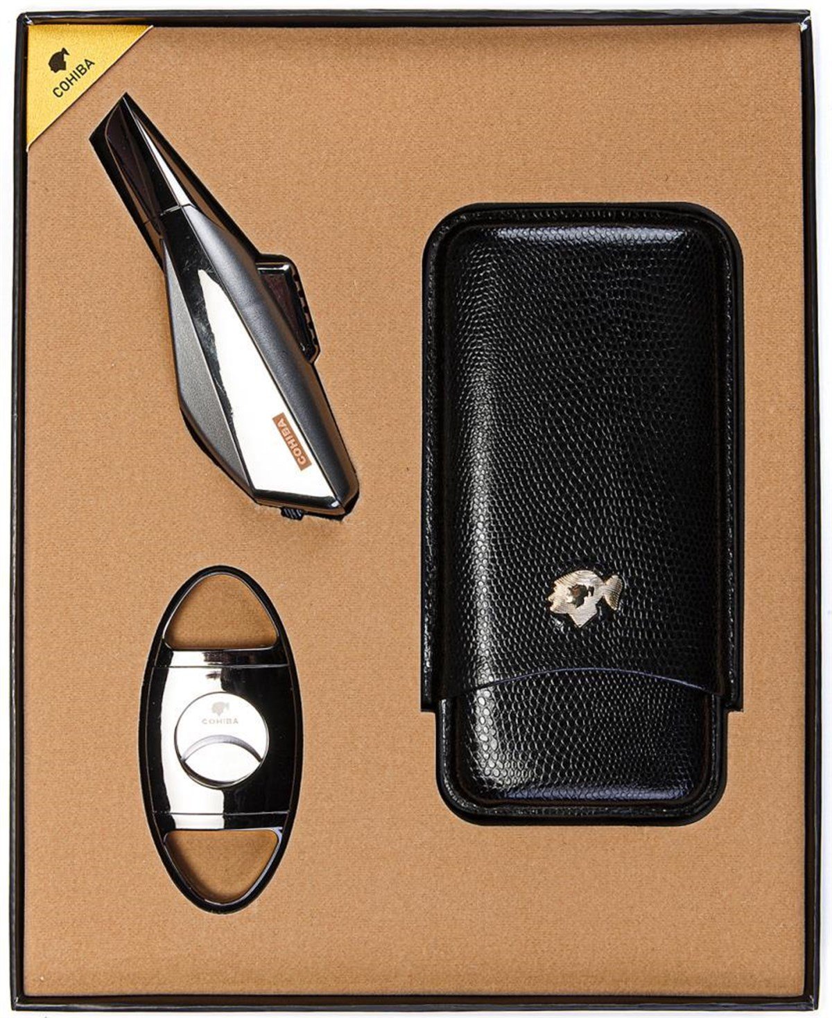 TR3540,Cohiba Çakmak Kılıf Kesici Siyah Puro Seti