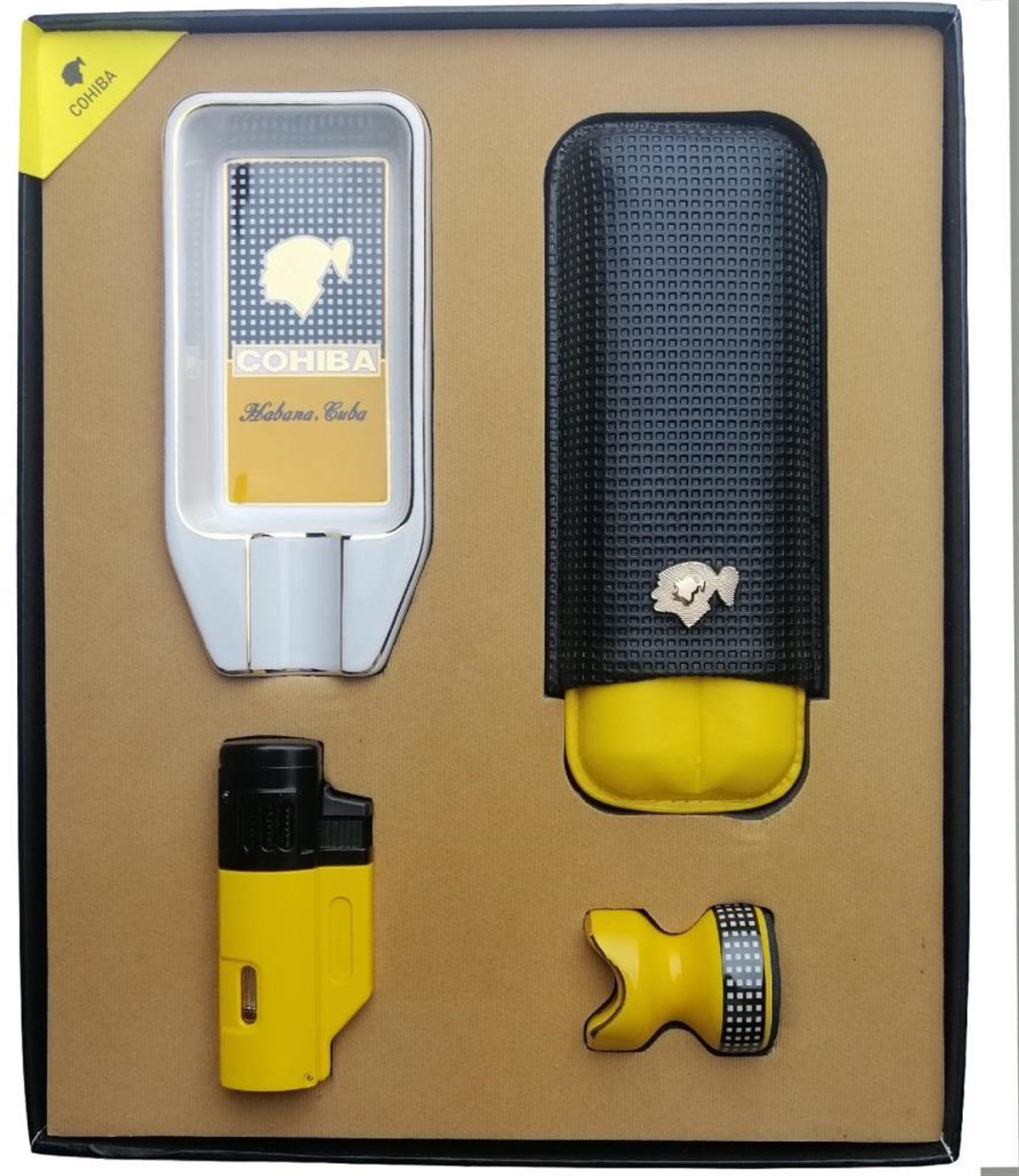 TR3702,Cohiba Çakmak Tutucu Kılıf Küllük Dörtlü Puro Seti