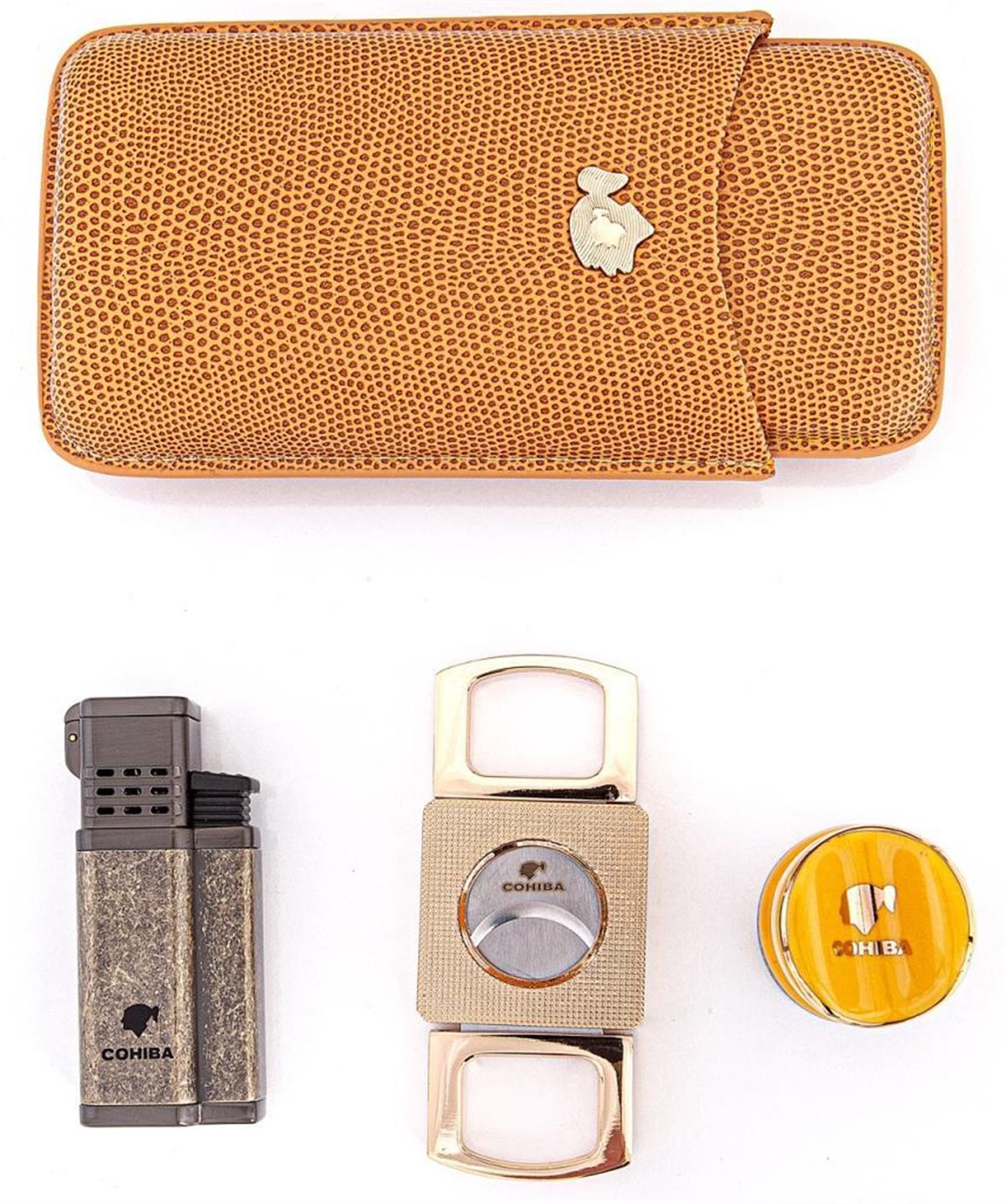 TR3085,Cohiba Gold - Kahverengi - Eskitilmiş Bakır - Sarı Kılıf Çakmak Kesici Sehpa Puro Set