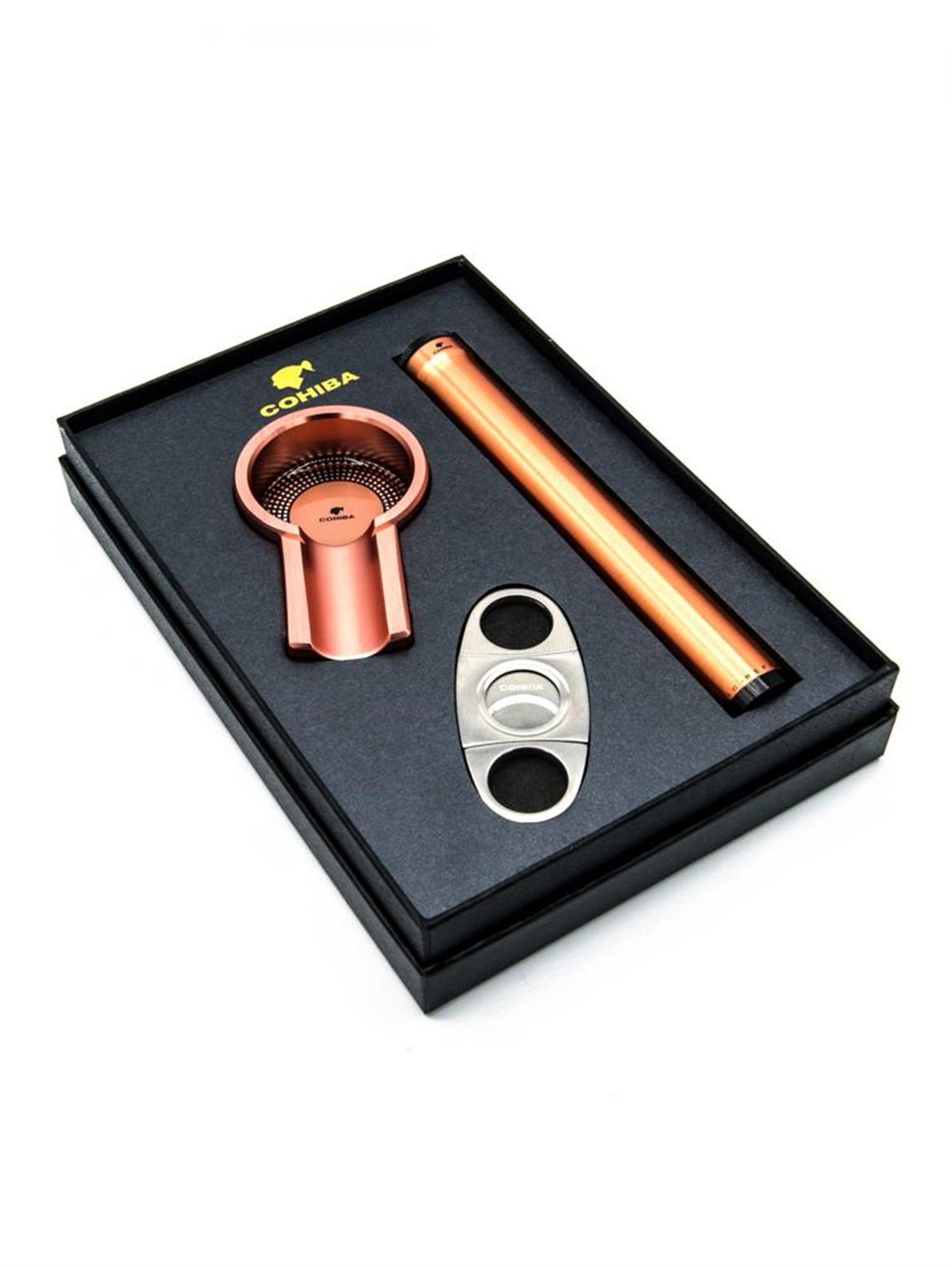 TR1402,Cohiba Gold Küllük Gold Puro Tüpü Gümüş Kesici 3'lü Puro Seti