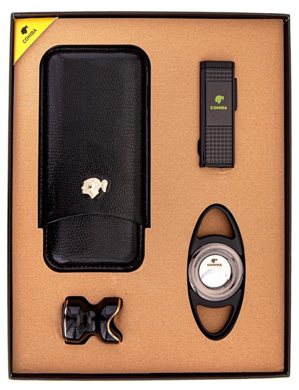 TR3078,Cohiba Kılıf Çakmak Kesici Sehpa Dörtlü Siyah Puro Set