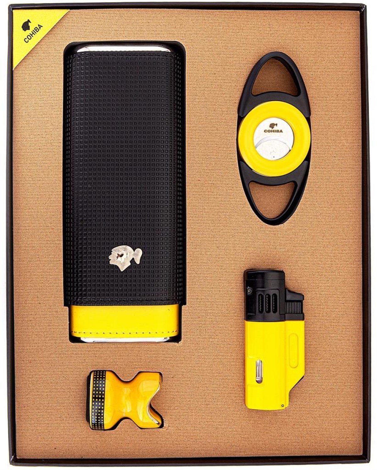 TR3084,Cohiba Kılıf Çakmak Kesici Sehpa Dörtlü Sarı-Siyah Puro Set