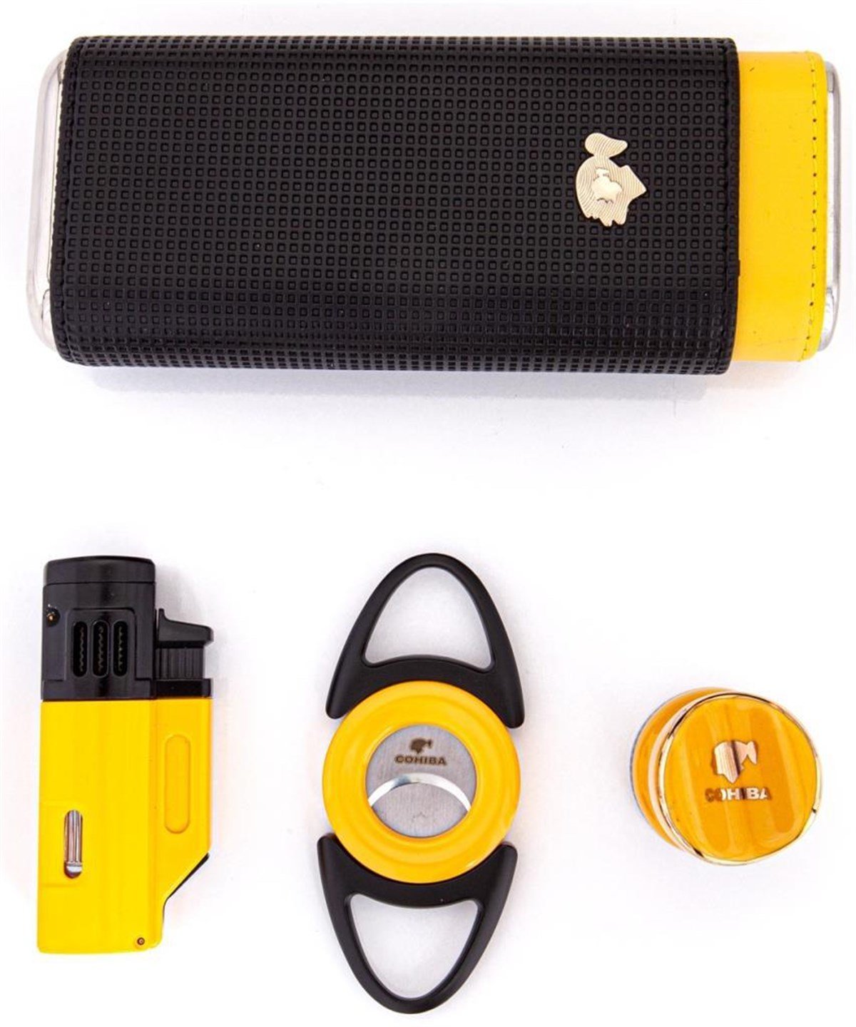 TR3084,Cohiba Kılıf Çakmak Kesici Sehpa Dörtlü Sarı-Siyah Puro Set