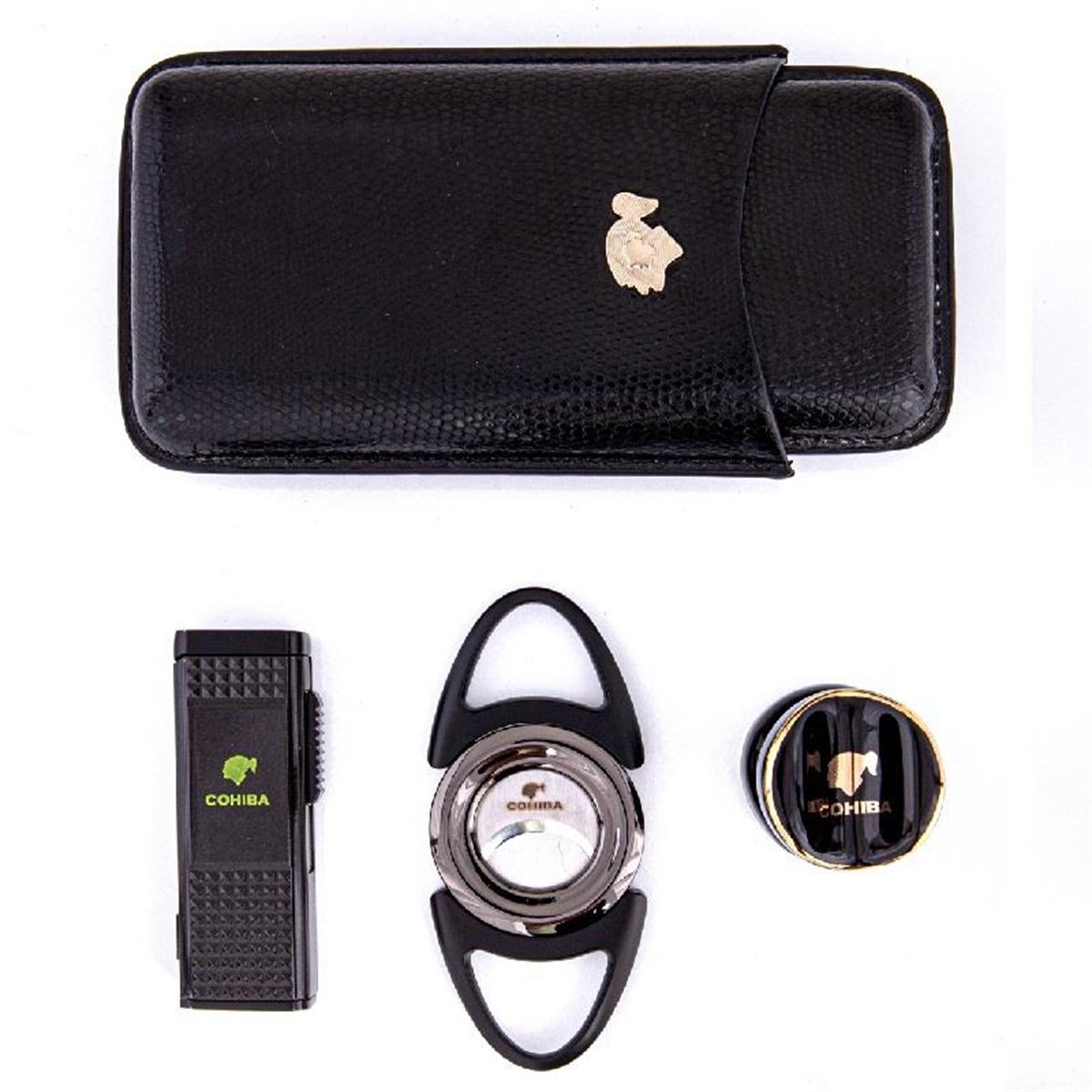 TR3078,Cohiba Kılıf Çakmak Kesici Sehpa Dörtlü Siyah Puro Set
